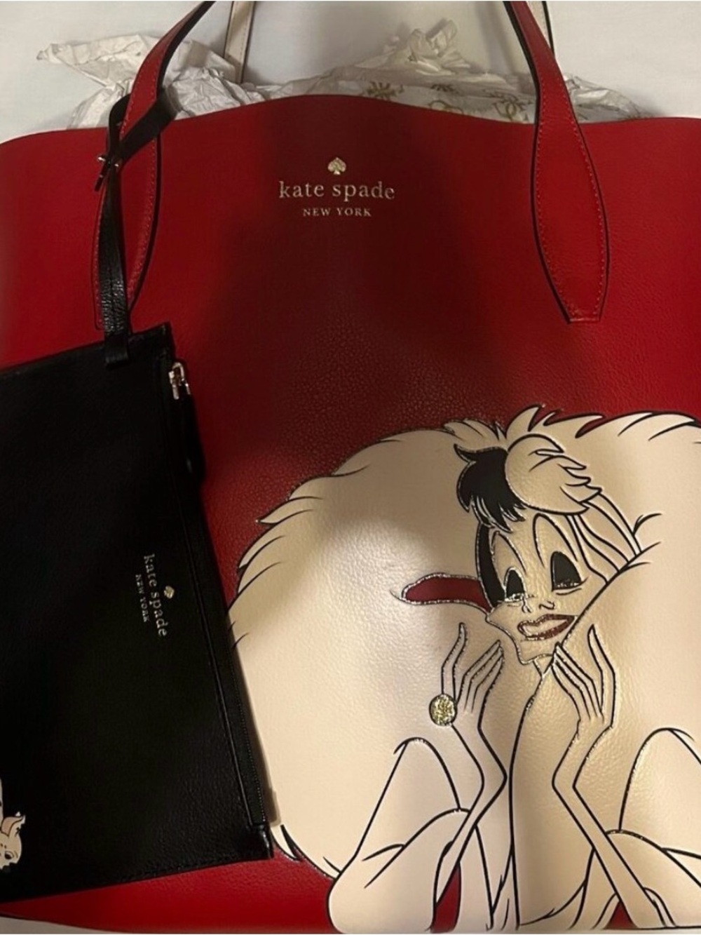 kate spade Red & Cream Cruella Graphic Tote with Black Pouch and Cosmetic Bag